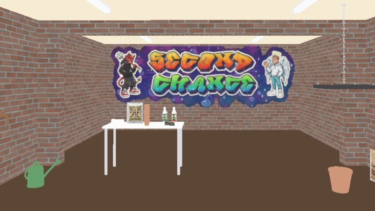 A brick-walled cellar: a white table of grow kit under the SECOND CHANCE mural on the back wall, a green watering can and a plant pot on the floor.