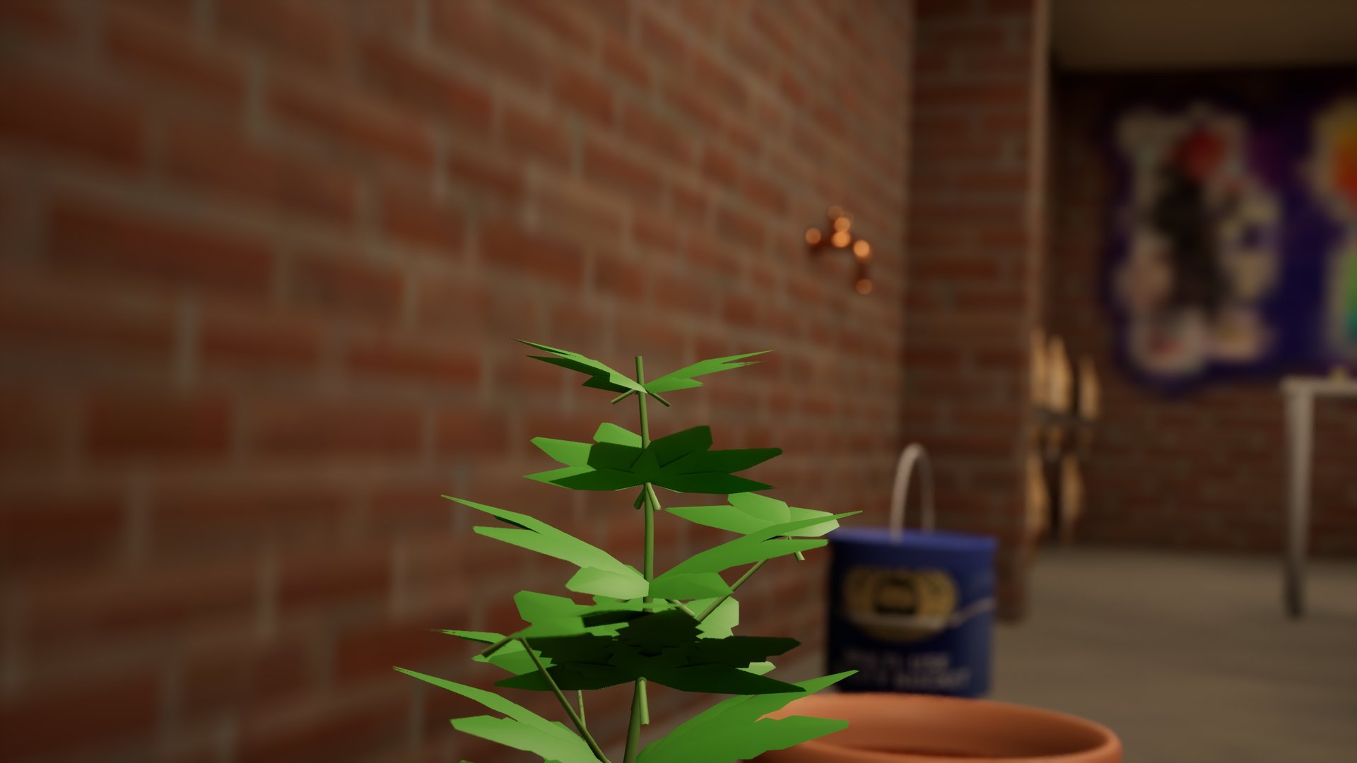 A young plant in a terracotta pot against a brick wall, a blue bucket and the mural out of focus behind it.
