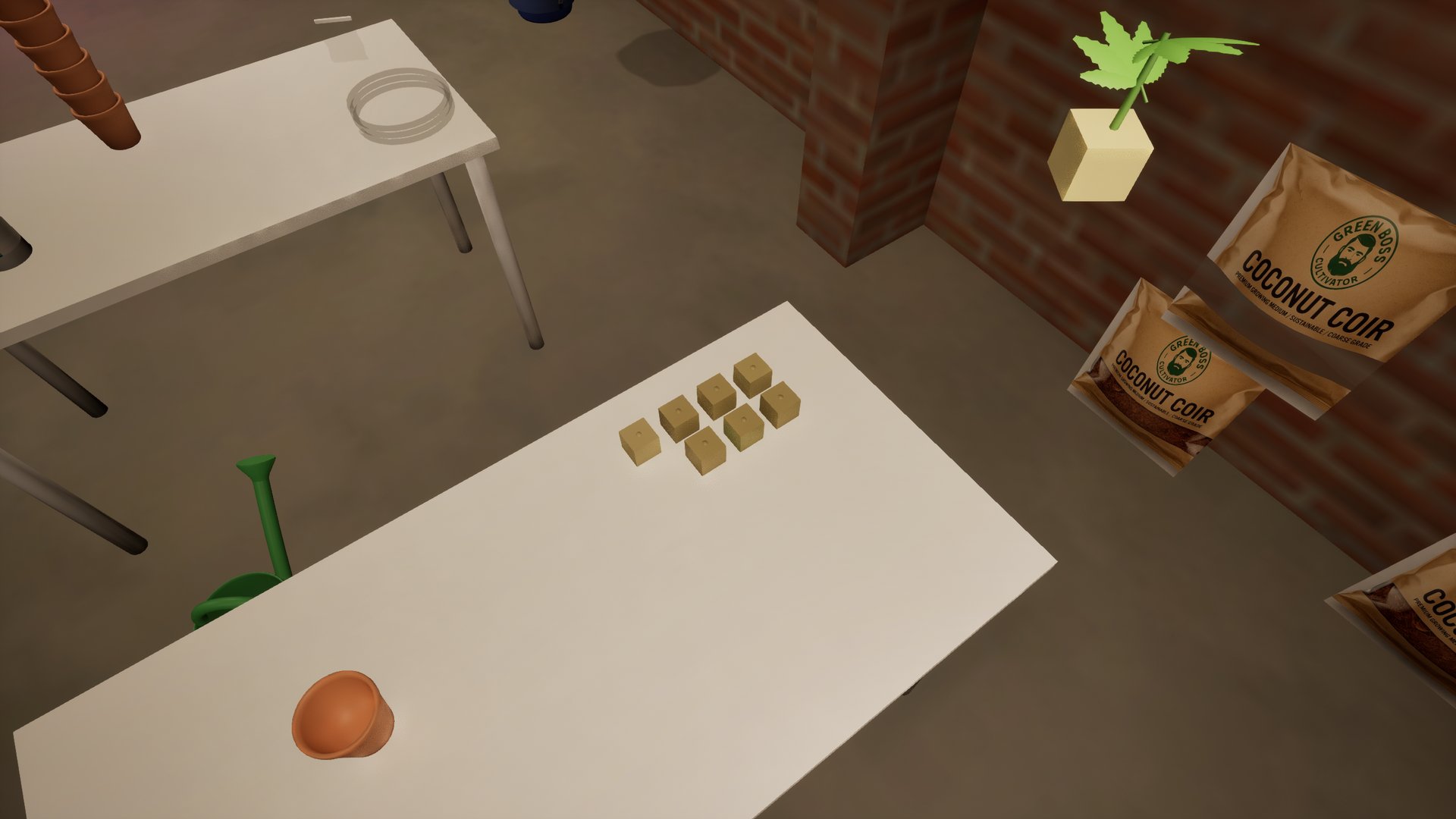 Looking down on the cellar: a cutting held in a rockwool cube over a white table of fresh cubes, Green Boss coconut coir bags against the brick wall.