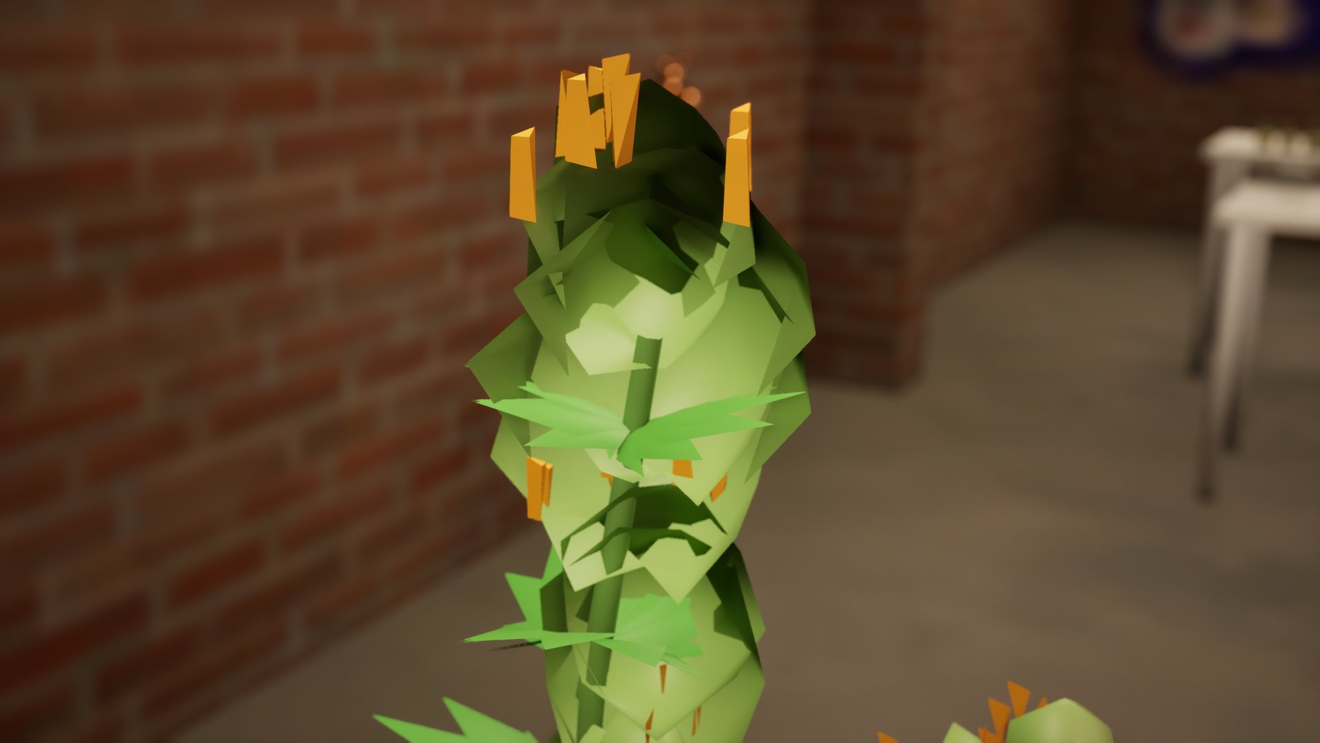 Close up on a flowering plant: a fat green bud with orange hairs at its tip, against a brick wall.