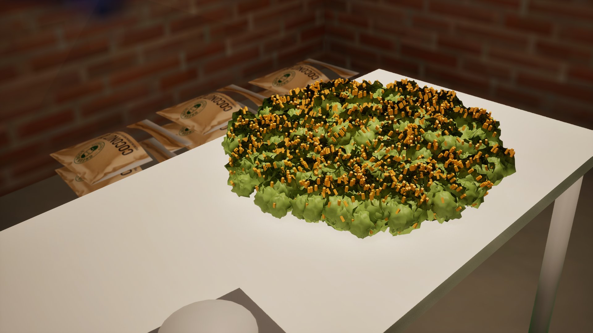 A big heap of green buds with orange hairs on a white table in the cellar, coir bags along the brick wall behind.