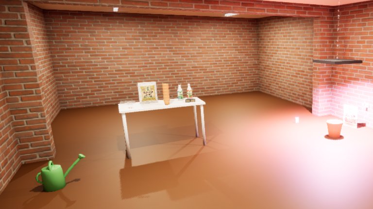 The same cellar with the grow lamp switched on: a pink-purple glow over a plant pot in the corner, a table of kit and a green watering can.