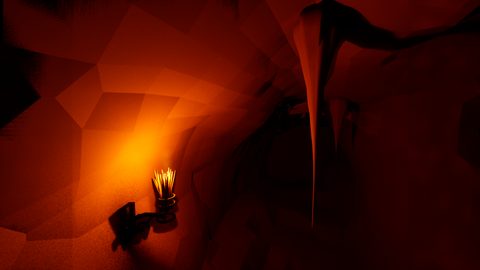 Below Radworth. A rush torch in an iron bracket driven into worked rock, with a stalactite hanging in the dark beyond.