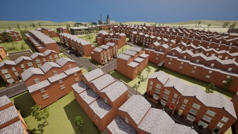 Oakhaven from the air: street after street of Victorian terraces, the church spire and the incinerator chimney on the skyline.