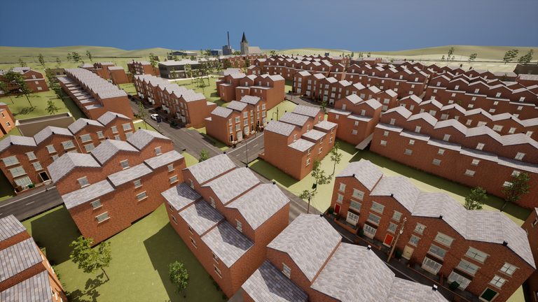 Oakhaven from the air: street after street of Victorian terraces, the church spire and the incinerator chimney on the skyline.