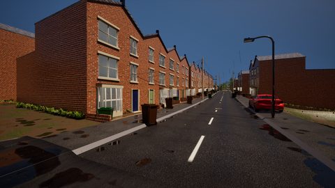 Radworth Road after rain. Wet tarmac reflecting the sky, blue and green front doors, telegraph wires overhead and the bins out along the kerb.